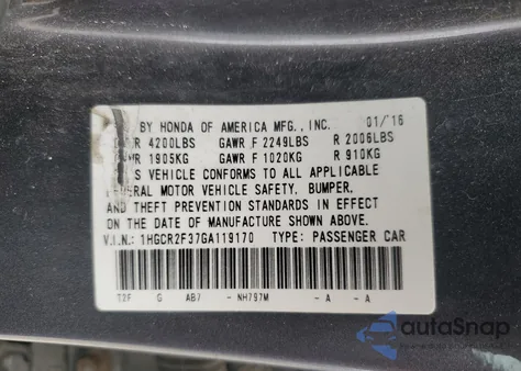 2016 Honda Accord Lx из США, поврежденный, VIN 1HGCR2F37GA119170